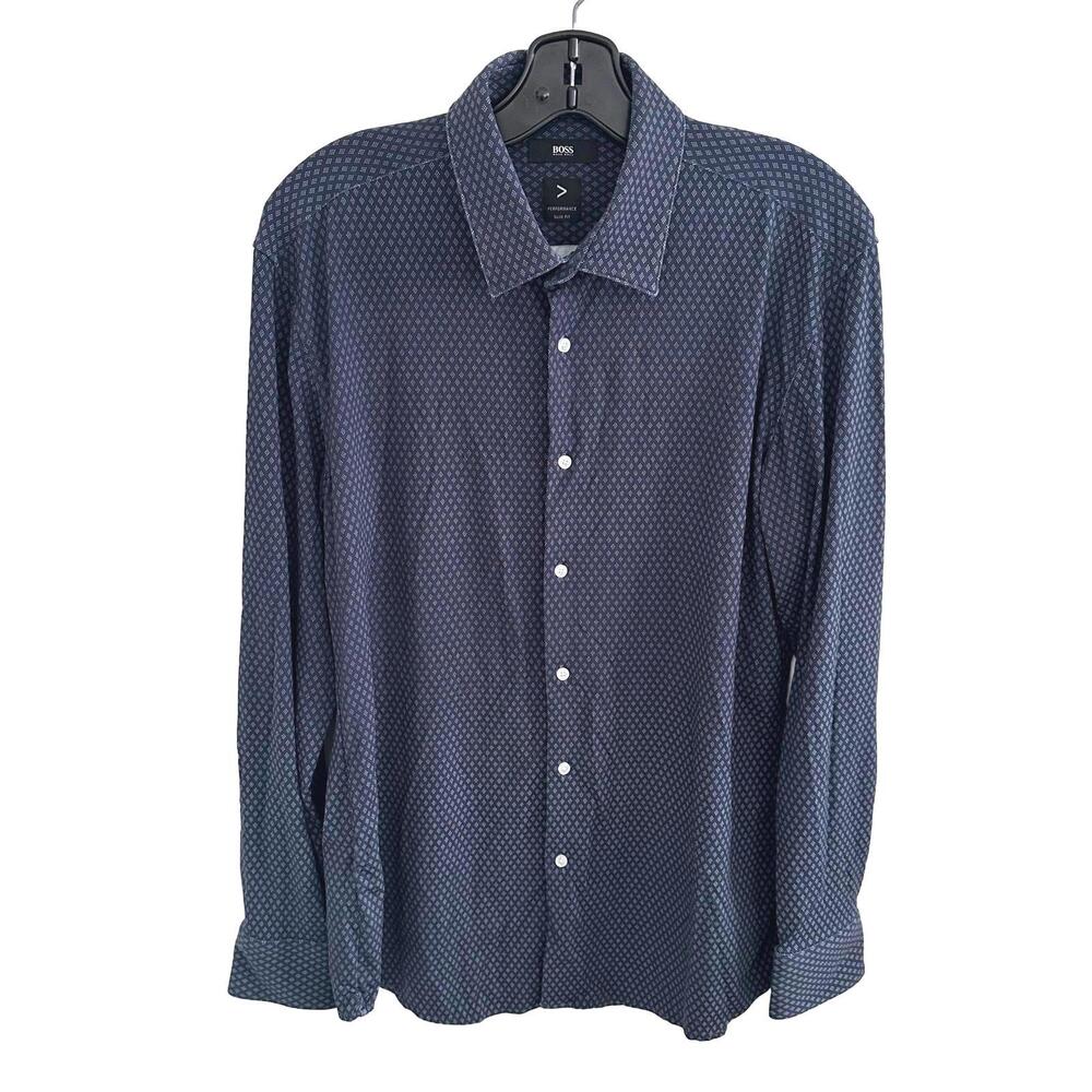 Hugo Boss Navy Blue Patterned Dress Shirt